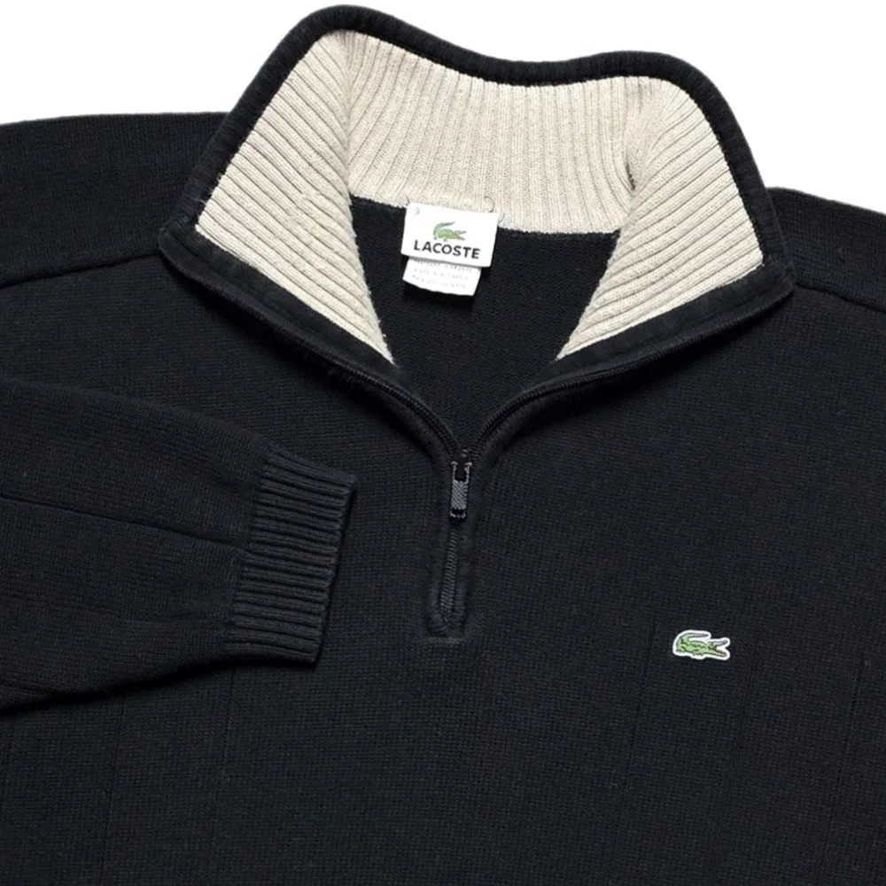 Lacoste Men's 100% Cotton 1/4 Zip Mock Neck Pullover Sweater Black Size FR 9